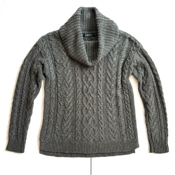 Lauren Ralph Lauren Classic Cable Knit Grey Fisherman Cowl Sweater Size Medium‎ - Picture 1 of 10